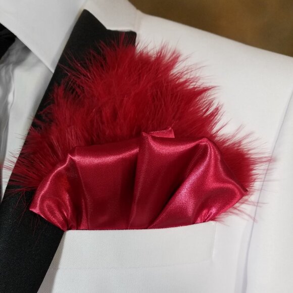 New - Burgundy Red Satin Ruffle & Feather Pocket Square Insert - Picture 6 of 7